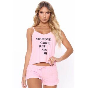 Windsor ✦ “Someone Cares” Pink Pajama Set ✦ 2‑Pc Cami & Ruffle Shorts S NWT